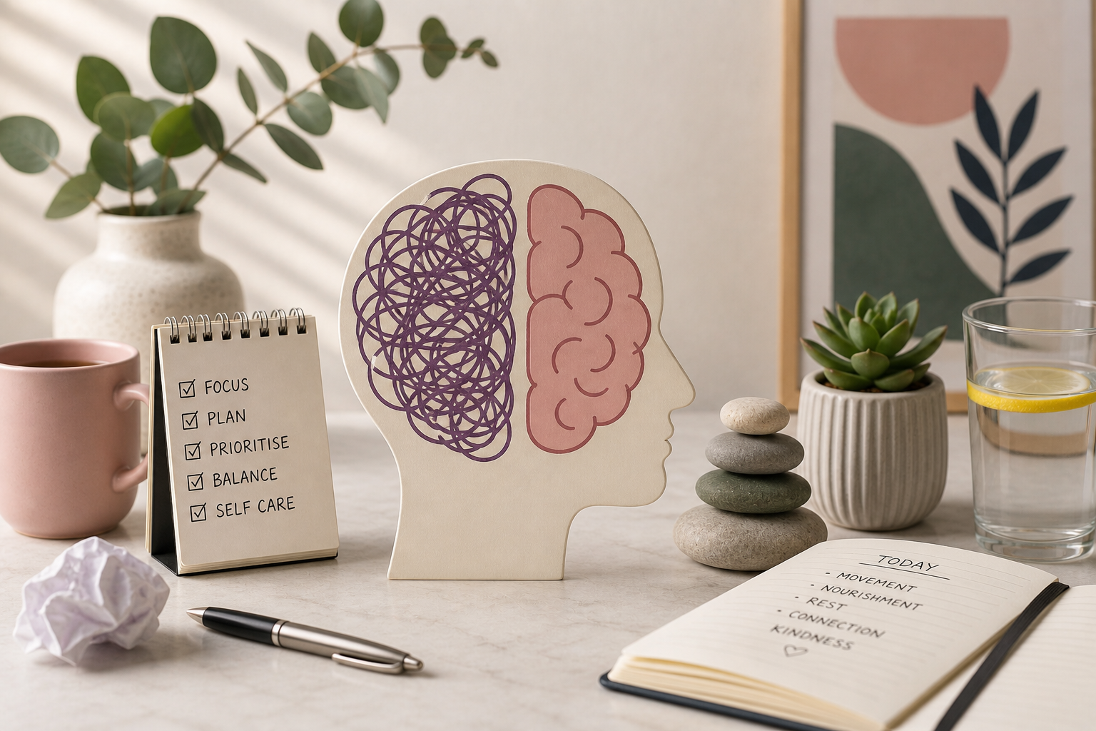 Minimalist workspace illustration showing a brain with one side tangled and the other structured