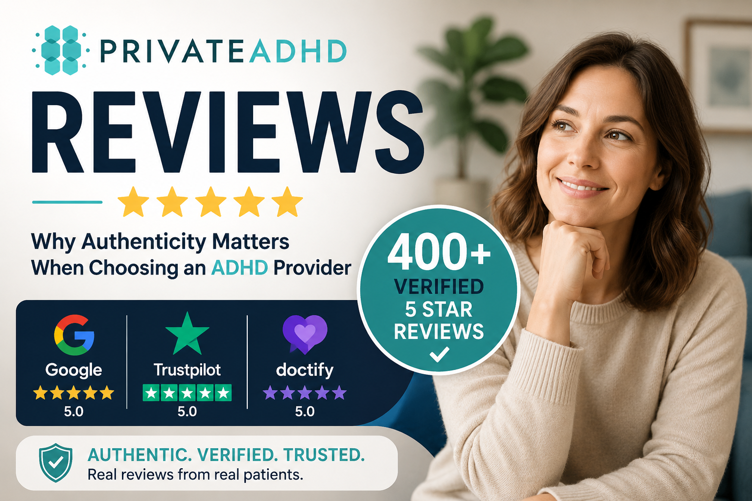Professional PrivateADHD reviews thumbnail featuring a smiling woman, 5 star ratings, and trust badges from Google.