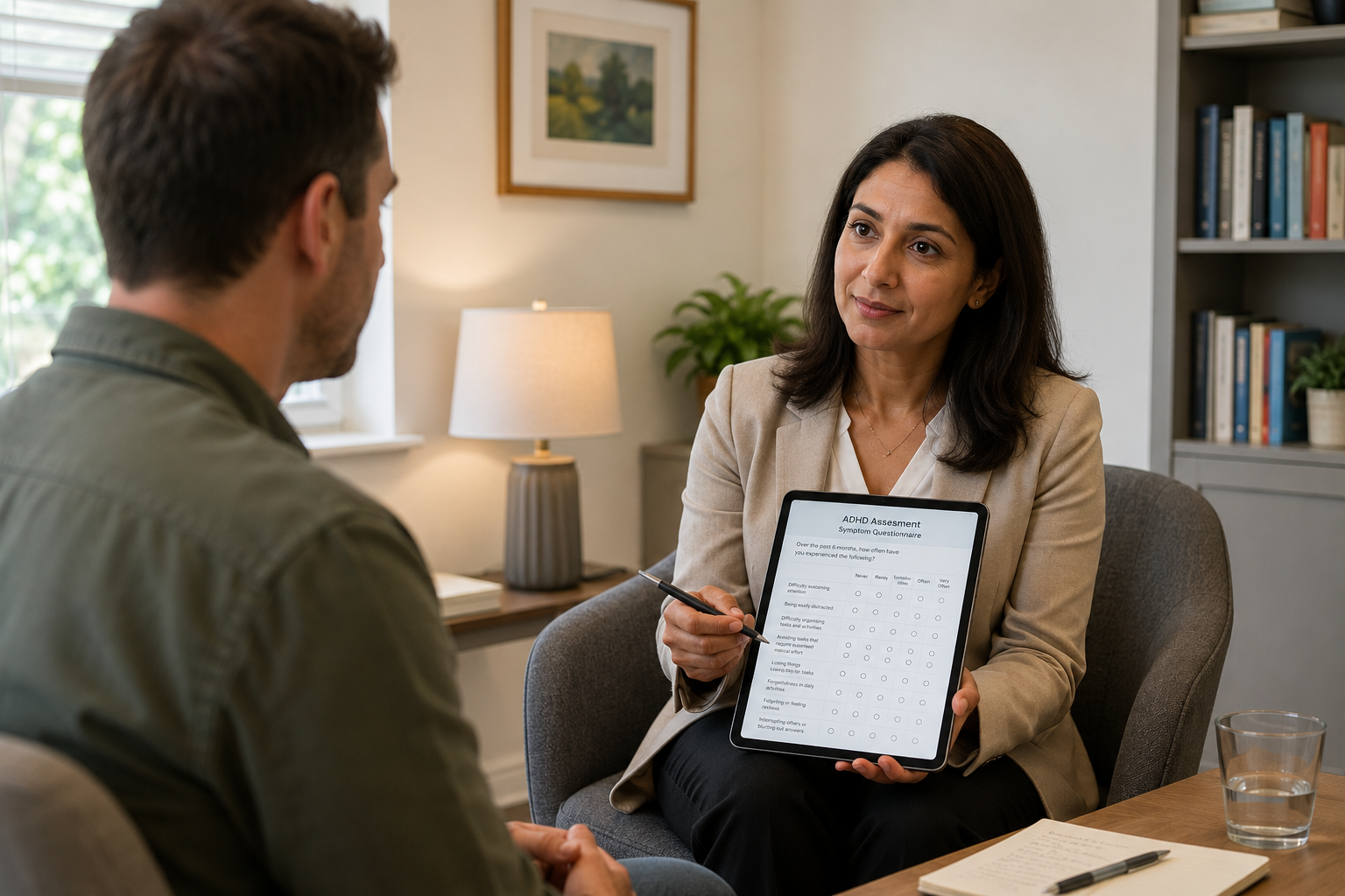 Adult patient discussing symptoms with a UK consultant psychiatrist during a private ADHD assessment