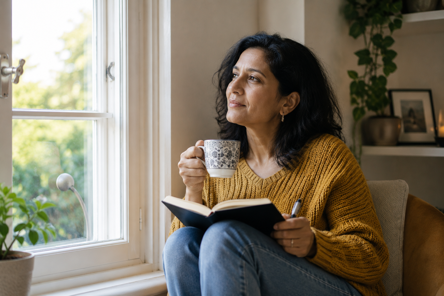 A woman sitting thoughtfully by a window with a notebook, reflecting on adult ADHD assessment in the UK.
