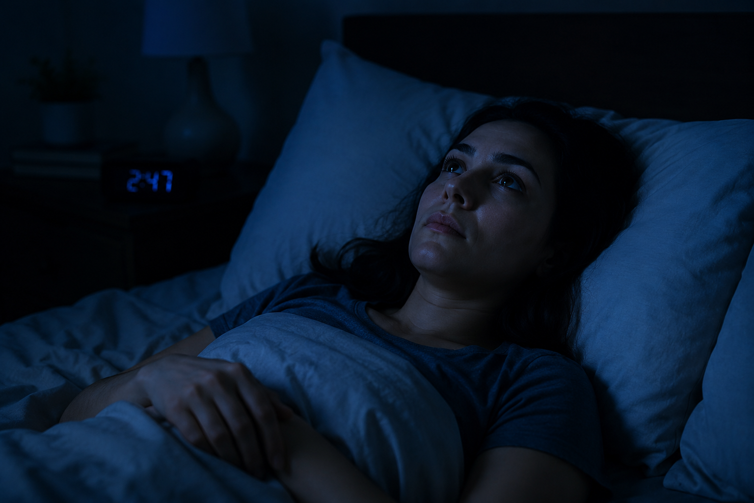 Person lying awake at night struggling with ADHD sleep problems