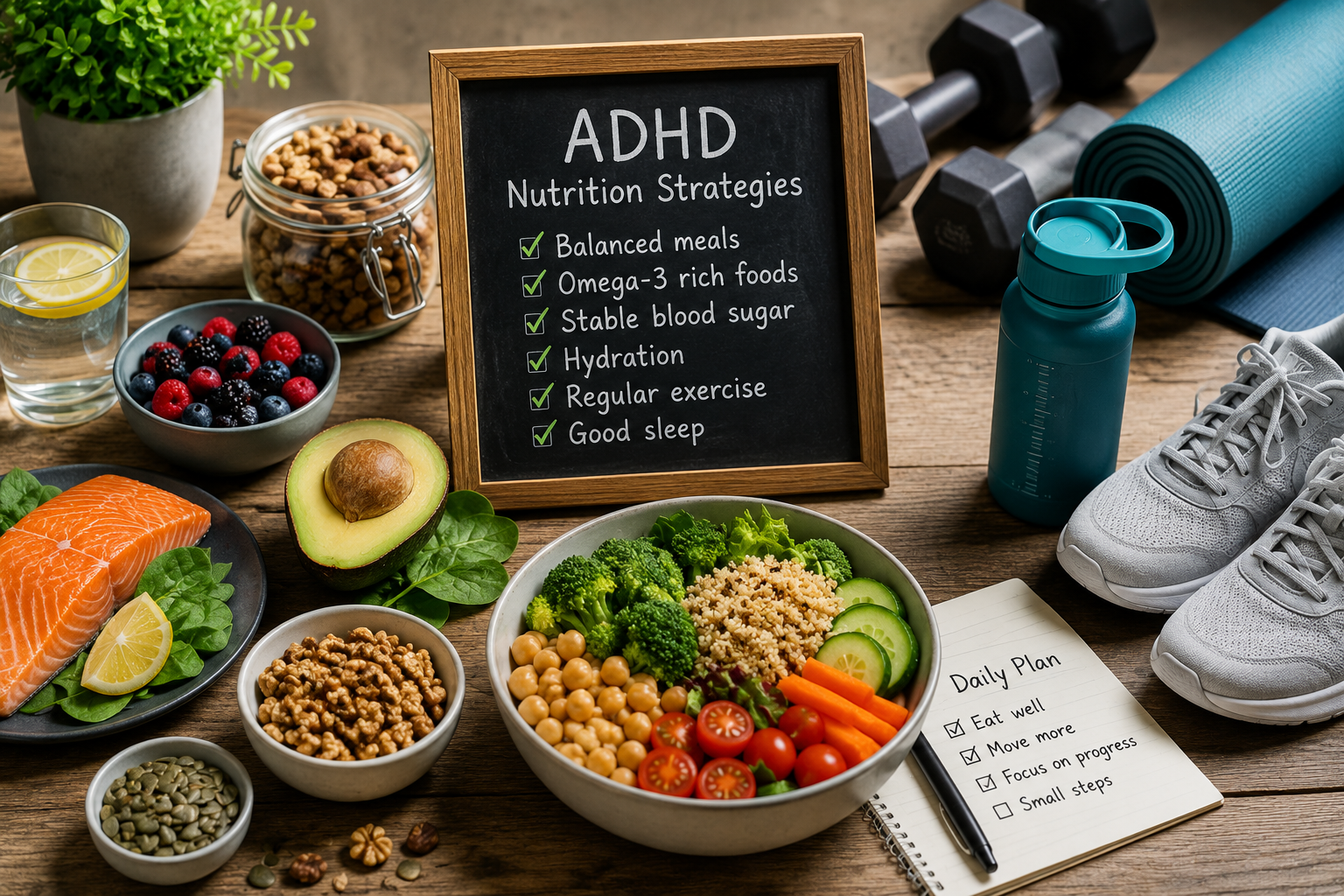 Healthy food and exercise equipment representing ADHD diet and nutrition strategies