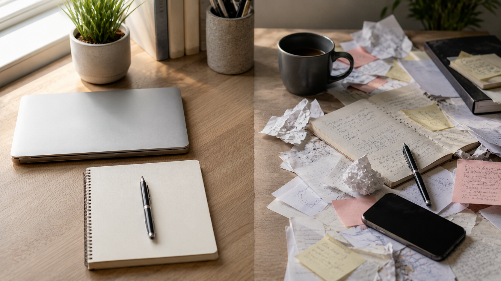 Minimalist workspace representing the contrast between ADHD and OCD.
