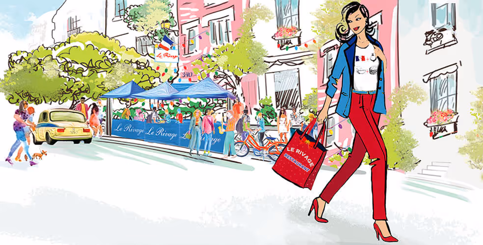 Illustration of a stylish woman walking with a Le Rivage restaurant shopping bag near an outdoor market and colorful buildings.