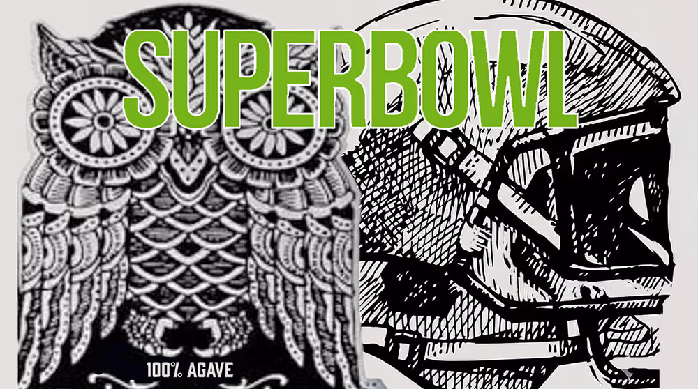 Black and white detailed owl illustration next to a football helmet sketch with the word SUPERBOWL in large green letters above.