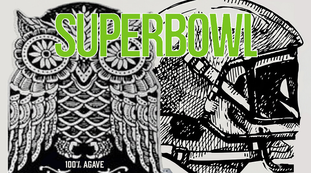 Black and white detailed owl illustration next to a football helmet sketch with the word SUPERBOWL in large green letters above.