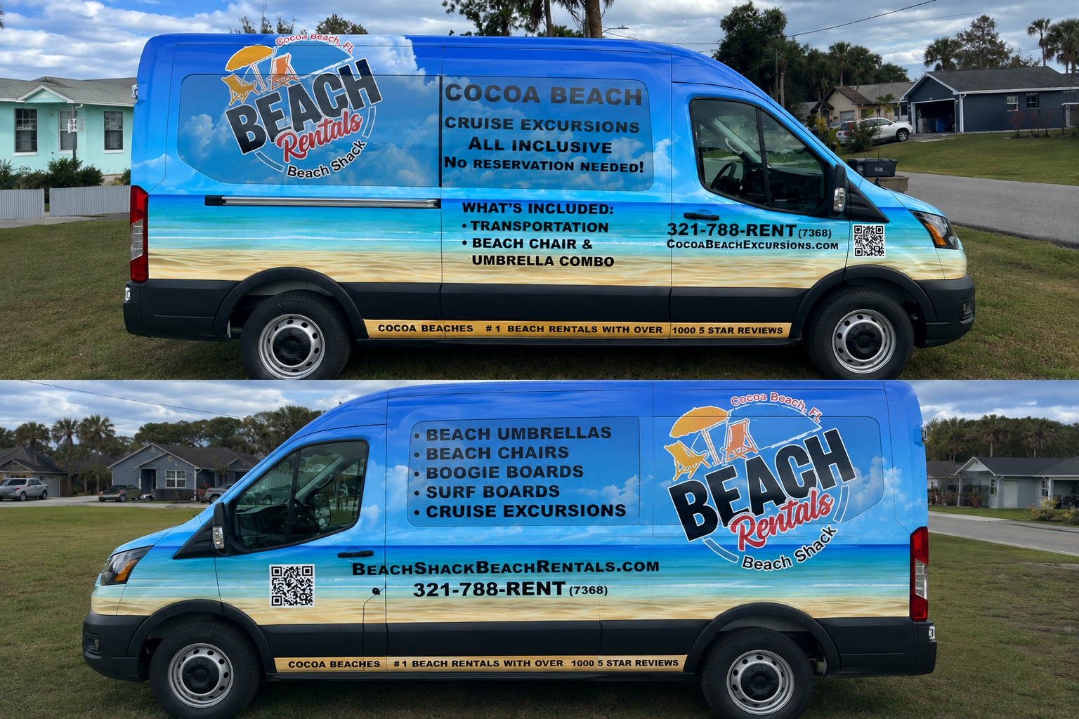Beach Shack Beach Rental staff wearing their personalized white t-shirts explaining their umbrella, chair, surfboards, and bodyboard rentals at Cocoa Beach FL.