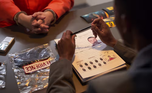 An investigator reviews a criminal arrest record with fingerprints and mugshots next to bagged evidence, representing the type of documentation that can be removed through a DUI expungement.