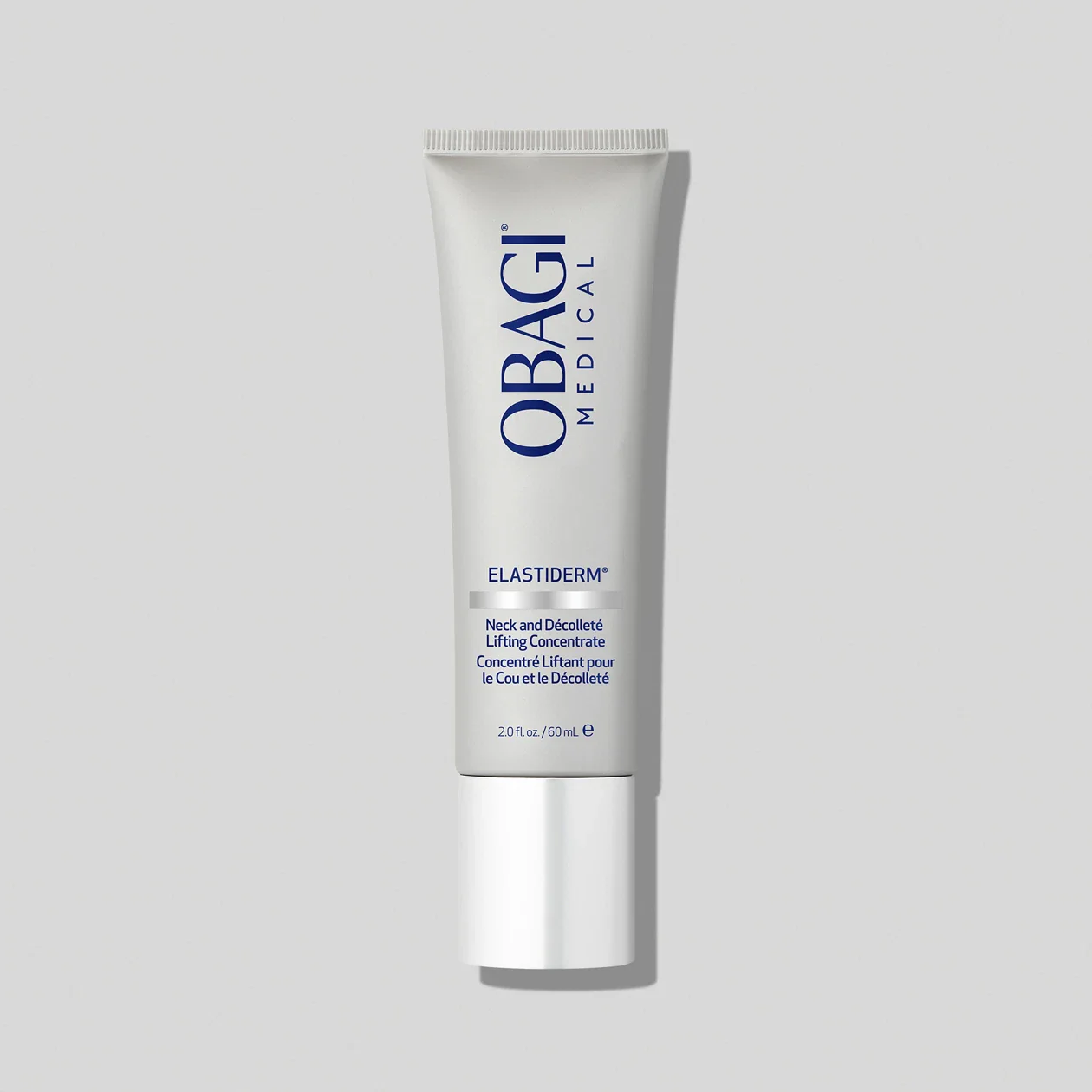 Tube of OBAGI Medical Elastiderm Neck and Décolleté Lifting Concentrate cream on a grey background.
