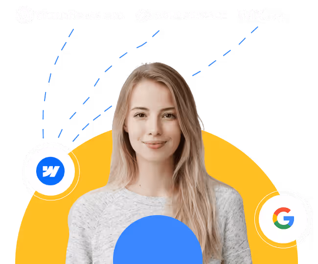 A person standing in front of a yellow semi-circle background, surrounded by logos of popular website-building platforms like WordPress.org, Squarespace, Wix.com, Webflow, and Google