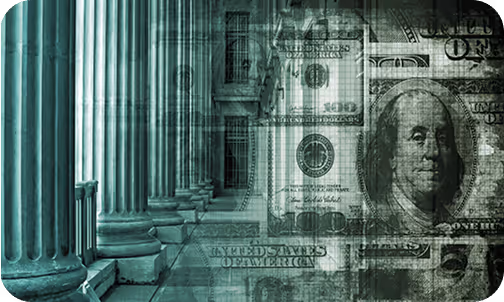 Composite image featuring a row of neoclassical government-style columns and a close-up of a US dollar bill