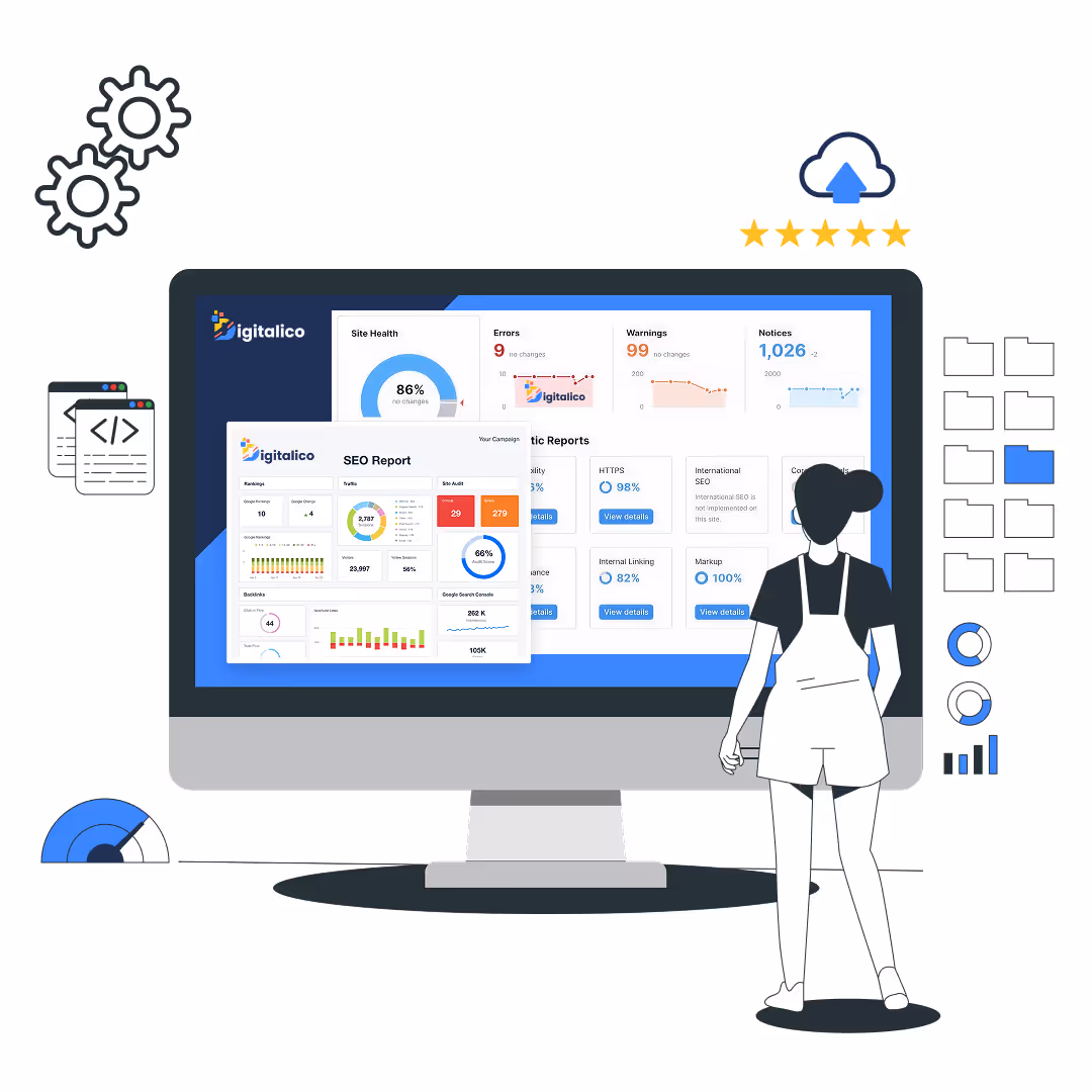 SEO dashboard showing site health, errors, warnings, and performance metrics with charts. Person interacts with data on screen.