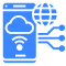 Blue mobile app icon with cloud, globe, and network connections symbolizing app integration and connectivity