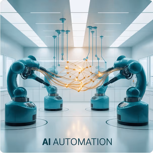 Futuristic laboratory with four robotic arms in a square formation, connected by glowing orange and yellow data nodes, symbolizing AI-driven automation and synchronized machine intelligence