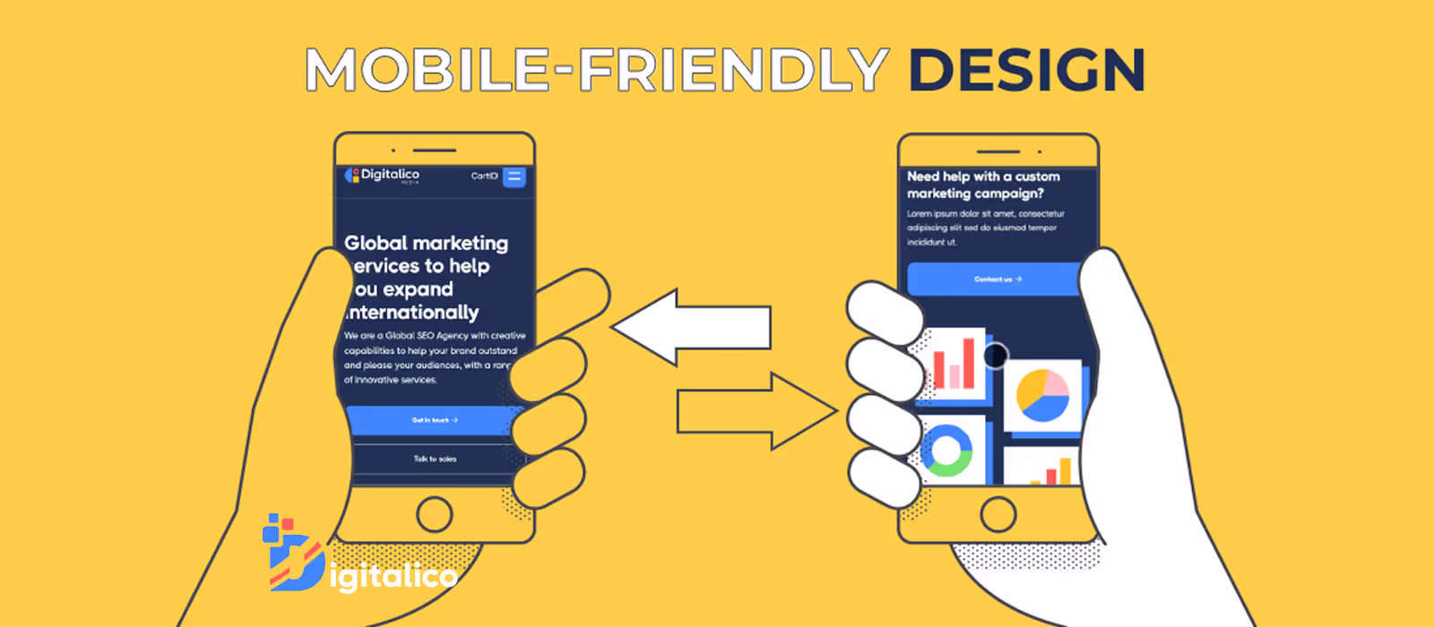 Deux mains tenant un smartphone affichant le site Web de Digitalico
