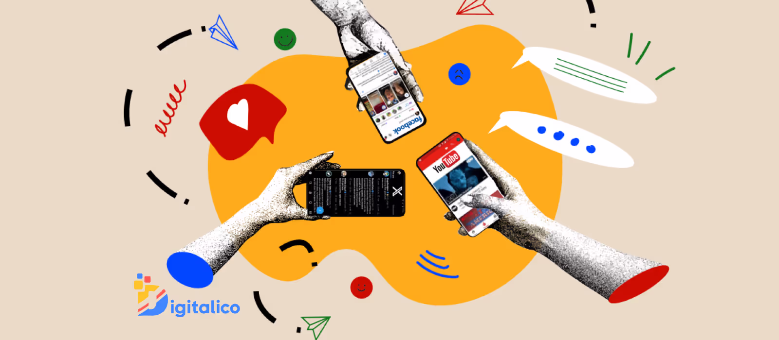 trois mains tenant un smartphone affichant les réseaux sociaux suivants
