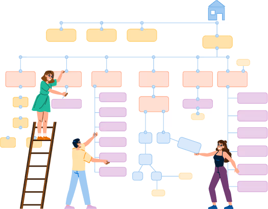 team of three characters seen building taxonomies including hierarchy usability information architecture.