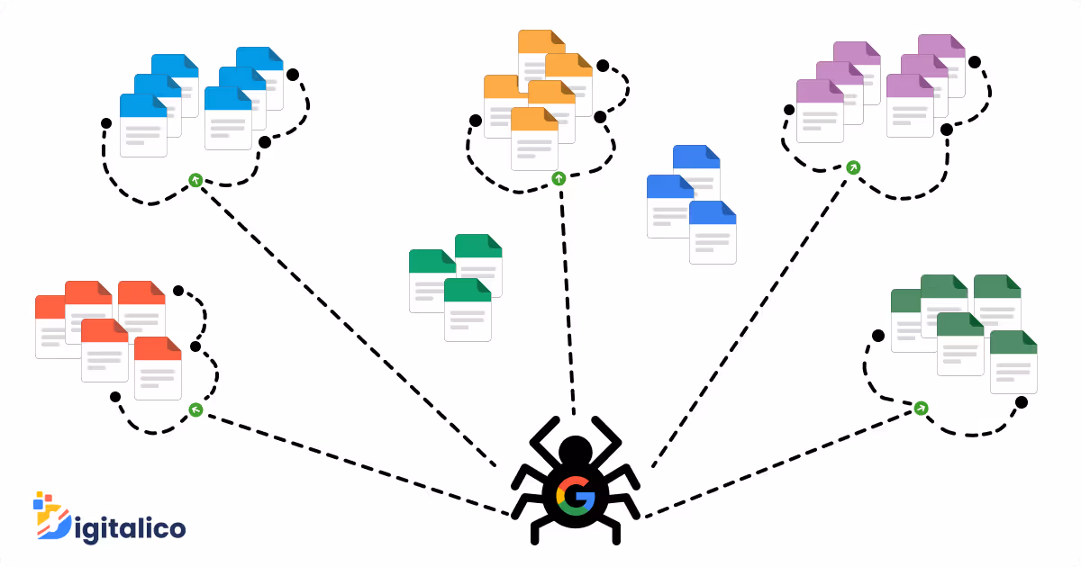 Conceptual illustration of Google's web crawling and indexing process showing a spider icon