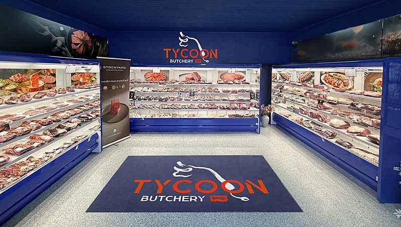 Tycoon Butchery retail display with Stockyard signage and chilled meat cabinets