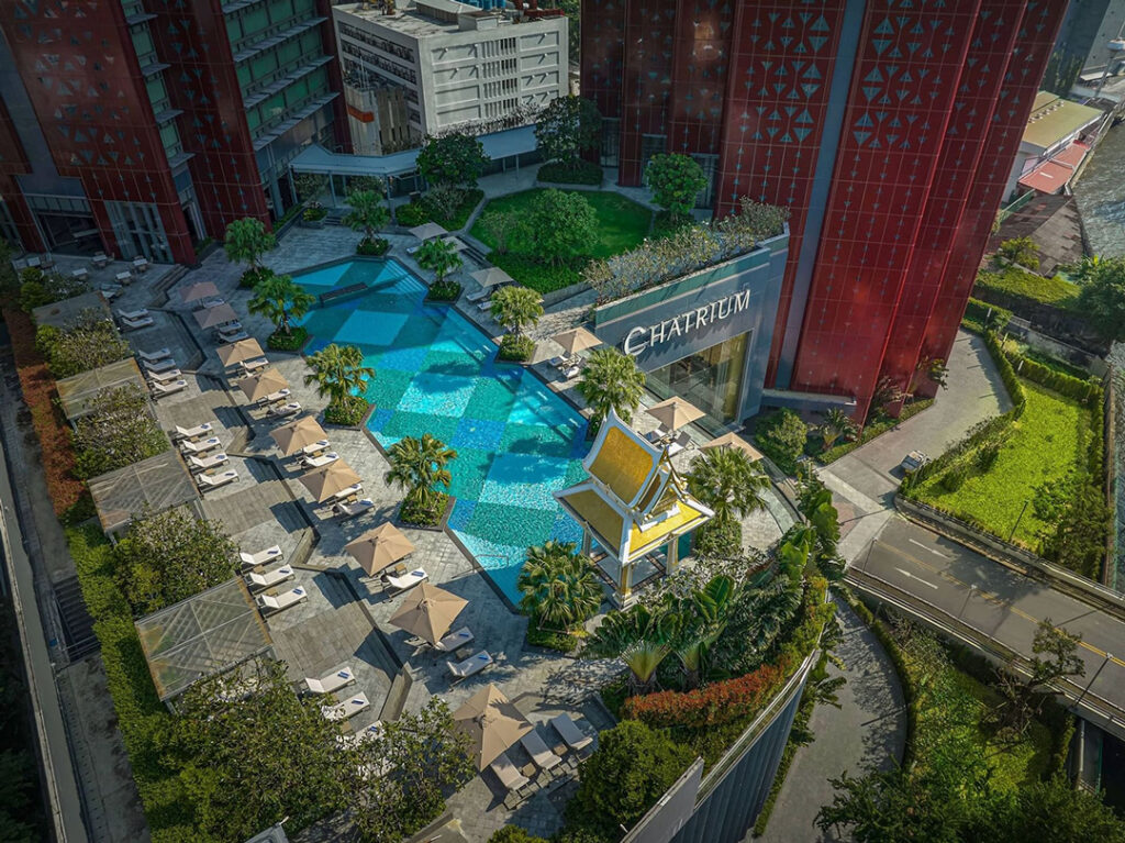 Drone view of the Chatrium Grand Bangkok.