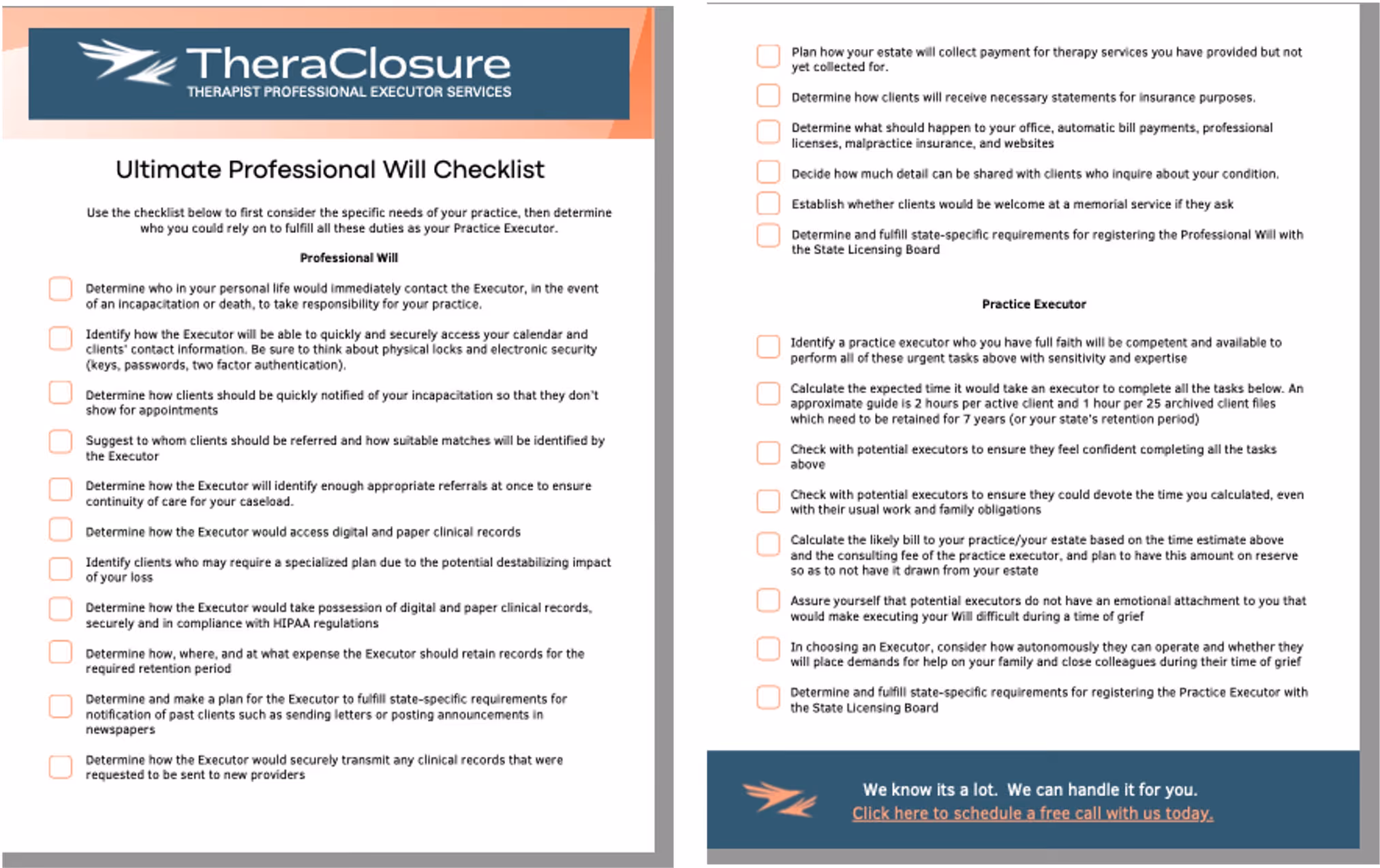 Professional Will Checklist thumbnail image for downloadable TheraClosure resource