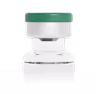 A white and green camera on a white surface.