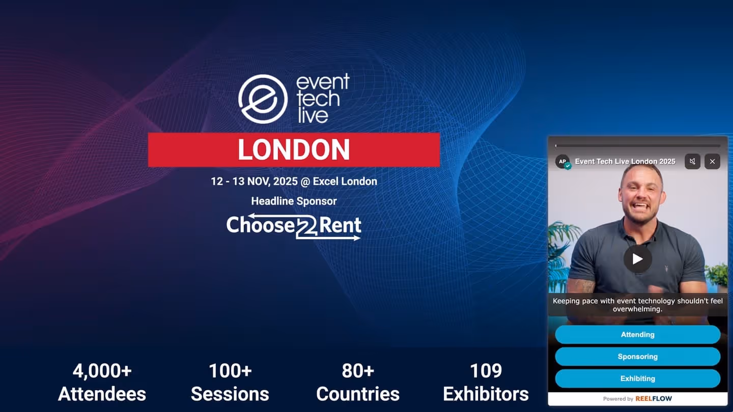 Website mockup of Event Tech Live with a ReelFlow Overlay player.
