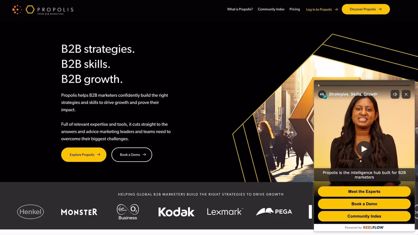 Website mockup of B2B Marketing with a ReelFlow Overlay player.