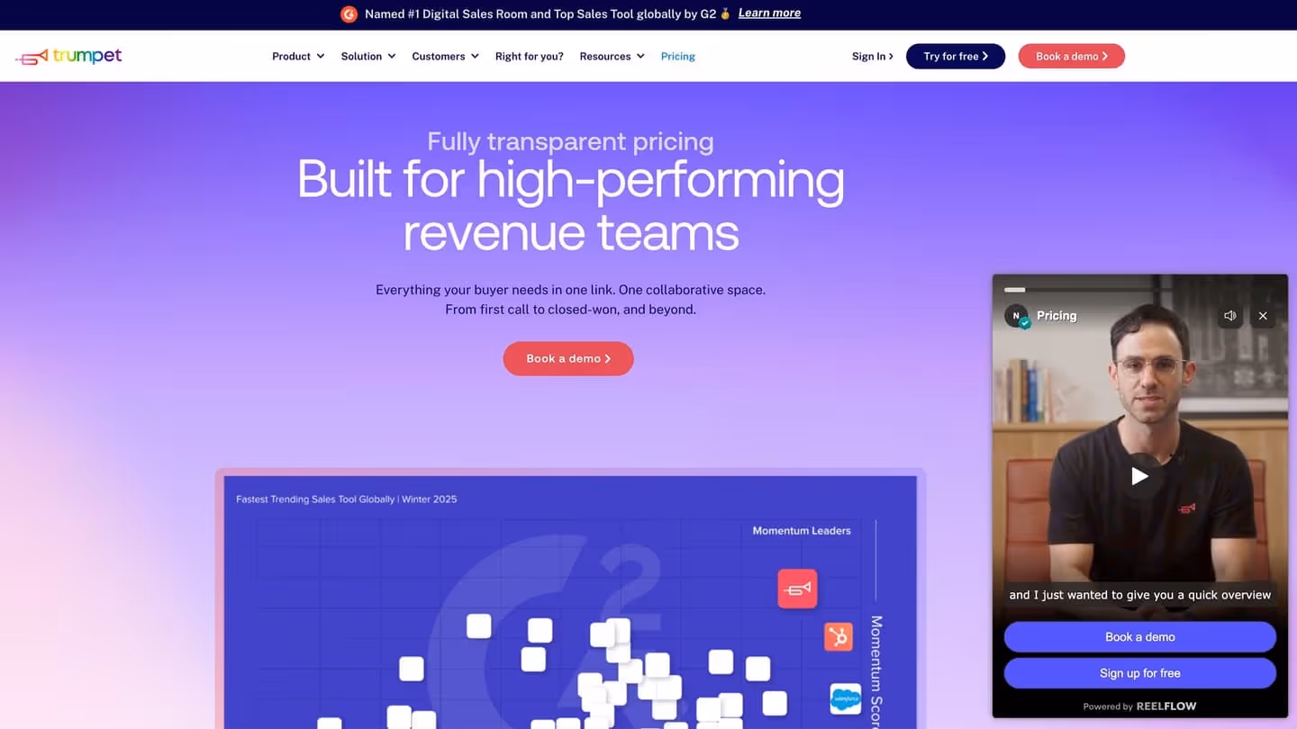 Website mockup of Trumpet with a ReelFlow Overlay player.