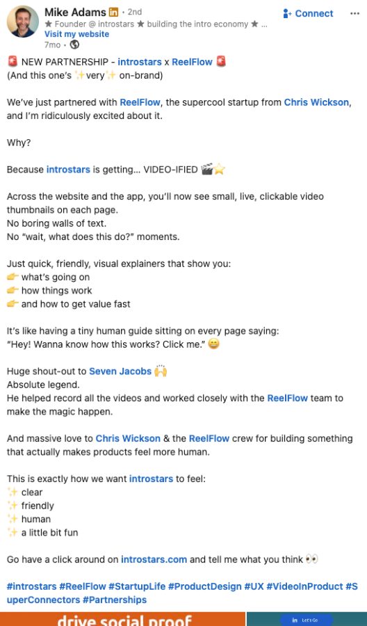 Partner announcing the ReelFlow partnership on LinkedIn