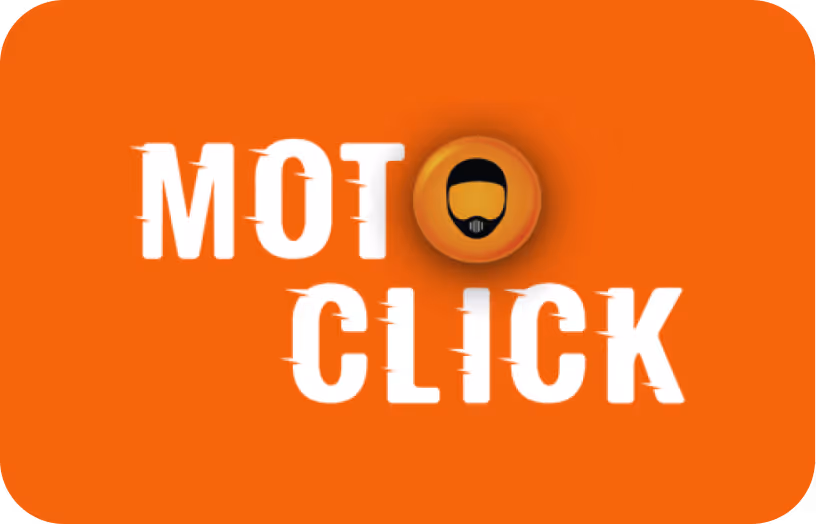 Logo with the text 'MOTO CLICK' in bold white letters on an orange background, featuring a stylized motorcycle helmet between the words.
