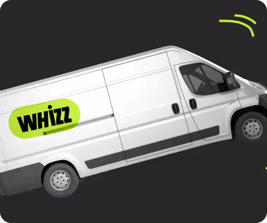 White delivery van with a neon green logo reading 'WHIZZ' on the side set against a dark background.