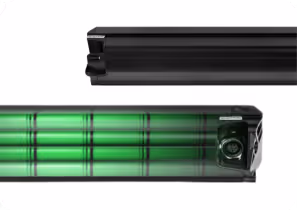 Two views of a black rectangular rechargeable battery pack with green battery cells visible inside.