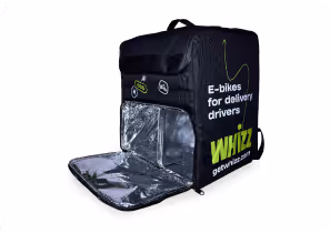 Black insulated delivery backpack with open front flap, labeled 'E-bikes for delivery drivers WHIZ'.