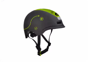Black and neon green helmet with adjustable straps and safety icons on the side.