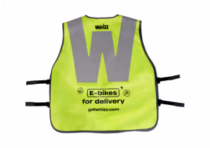 High-visibility yellow delivery vest with a large gray letter W and text 'E-bikes for delivery getwhizz.com'.