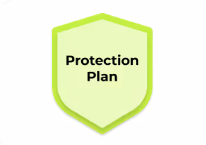 Light green shield icon with neon green outline and the words Protection Plan in the center.