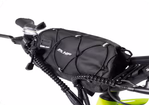Black BNF branded bike frame bag securely attached to a bicycle frame near the handlebars.