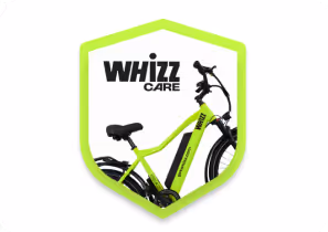 Logo with a green shield outline featuring a black electric bicycle and the text 'Whizz Care'.