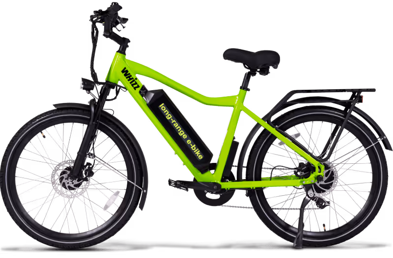 Bright green Whizz long-range e-bike with black tires, front suspension fork, and rear cargo rack.