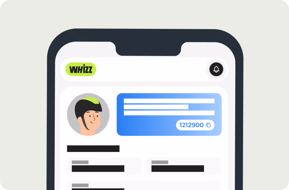 Illustration of a mobile app screen with the Whizz logo, a user avatar wearing a helmet, and a numeric code 1212900 displayed in a blue box.