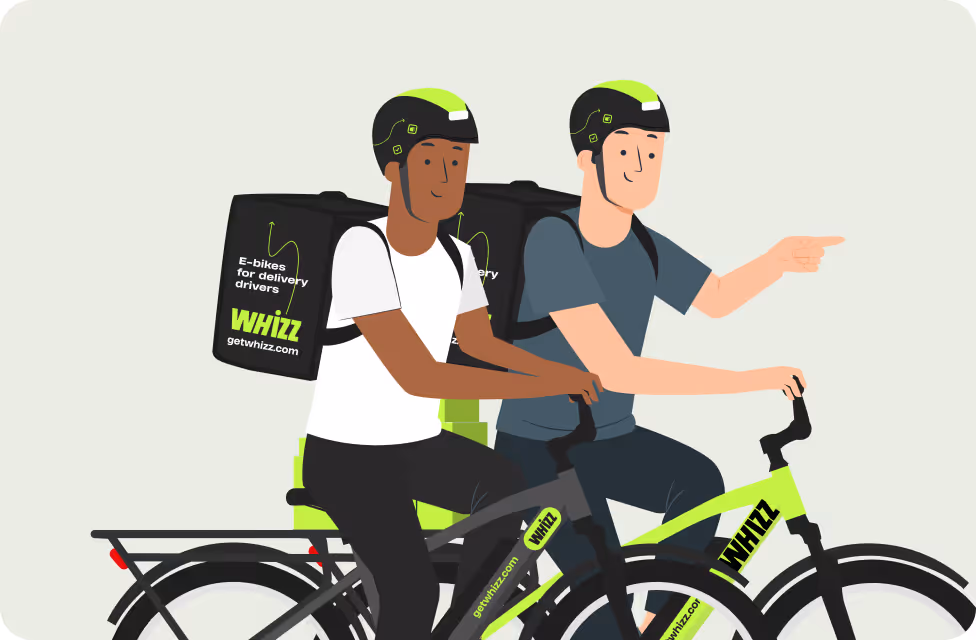 Two delivery riders on WHIZZ e-bikes wearing helmets and carrying black delivery bags.