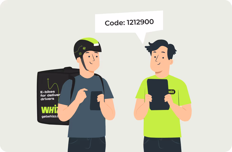 Illustration of a delivery driver with a helmet and e-bike backpack receiving a code 1212900 from a man holding a tablet wearing a green Whizz shirt.