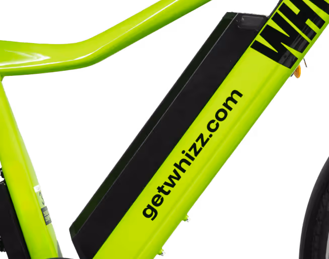 Close-up of a bright green electric bicycle frame with a black battery pack labeled getwhizz.com.