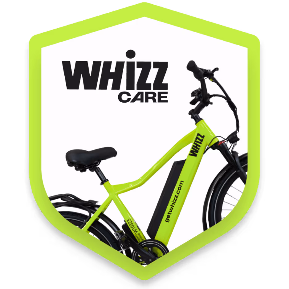 Bright green WHIZZ electric bike with black seat and handlebars inside a green hexagon frame with WHIZZ CARE text above.
