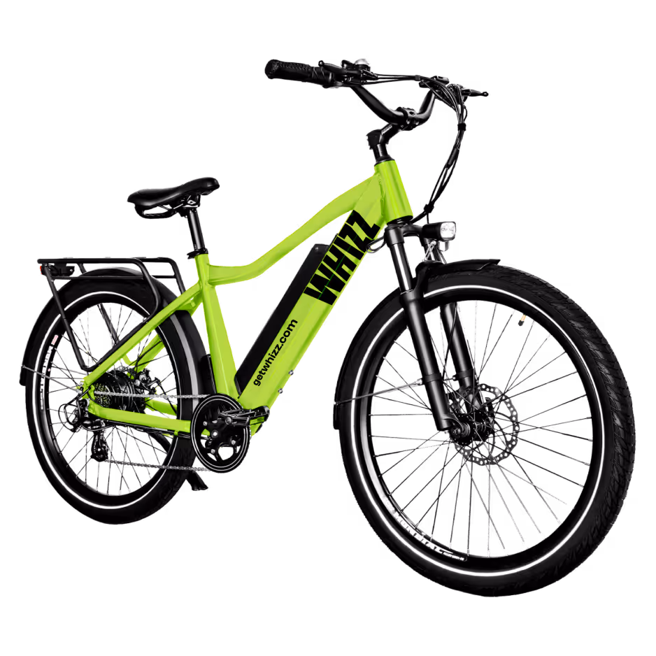 Bright green electric bicycle with black handlebars, seat, and rear rack, showing the WHIZ logo on the frame.