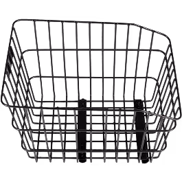 Empty black metal wire basket with rectangular shape and grid pattern.