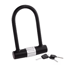 Black U-lock bike lock with a silver center and two keys beside it.