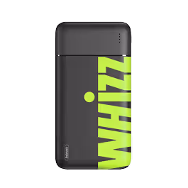 Black portable power bank with large vertical neon yellow text 'WHIZZ' on the front.