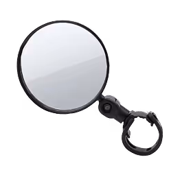 Round bicycle mirror with black adjustable mounting arm and clamp.